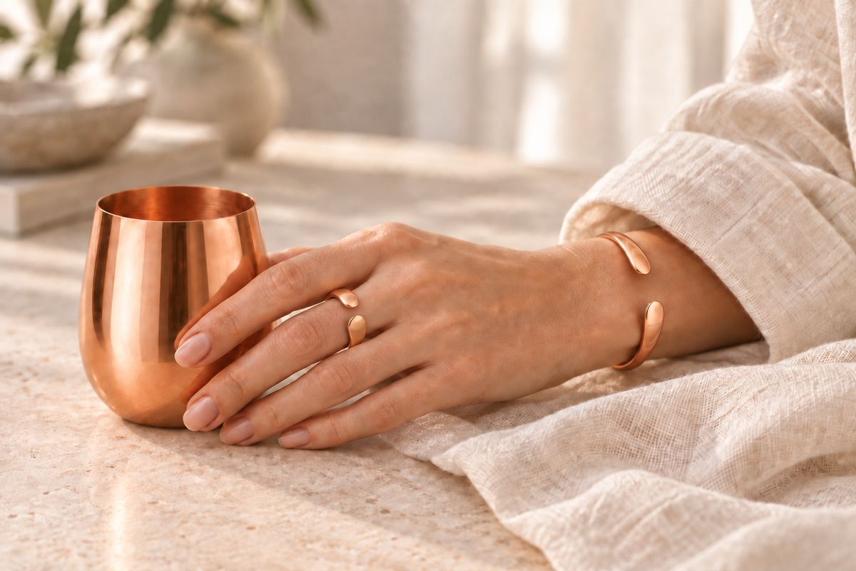 Koperen cup naast een hand met een koperen armband en ring op licht linnen.